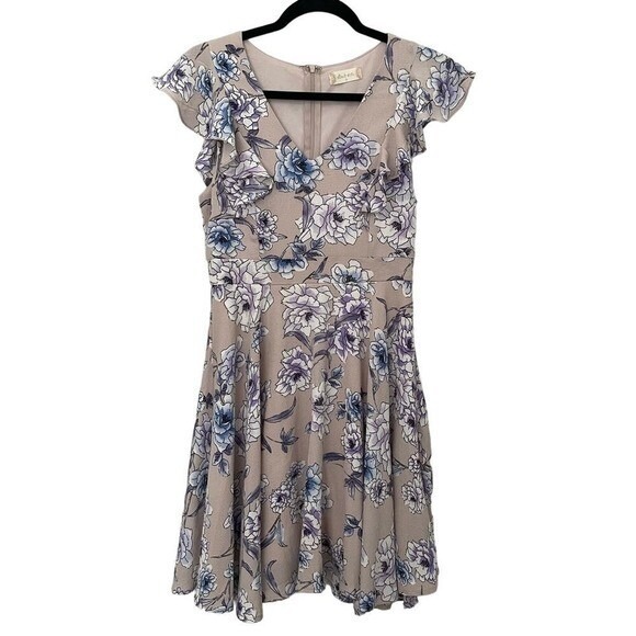 Floral Ruffle V Neck Fit Flare Dress Women Size S Beige Purple Blue - Picture 2 of 6